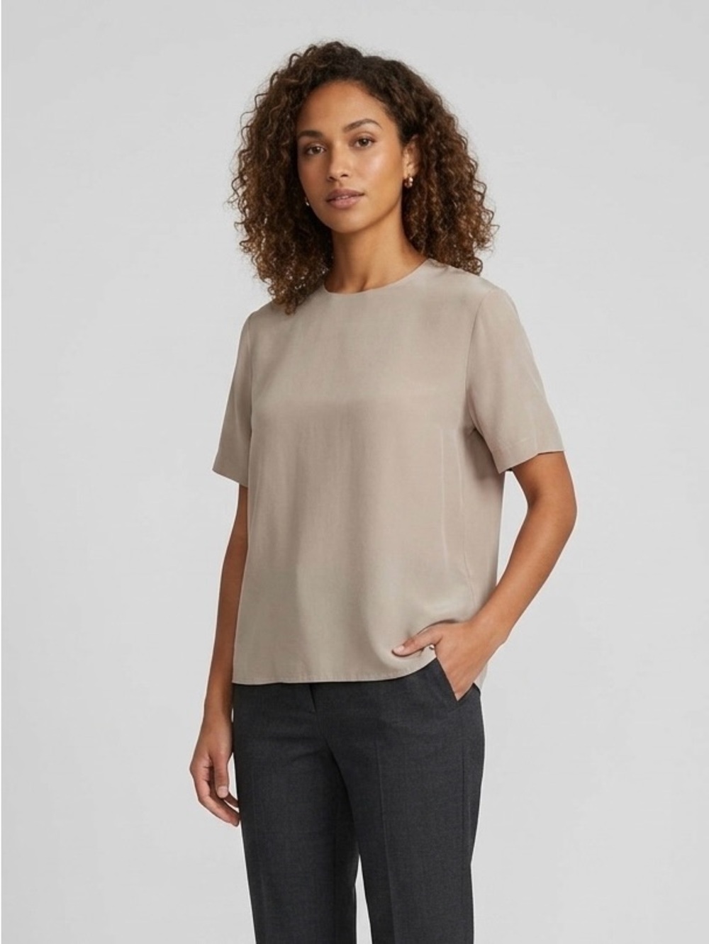 Women's Short Sleeve Crewneck 100% Silk Blouse in Taupe